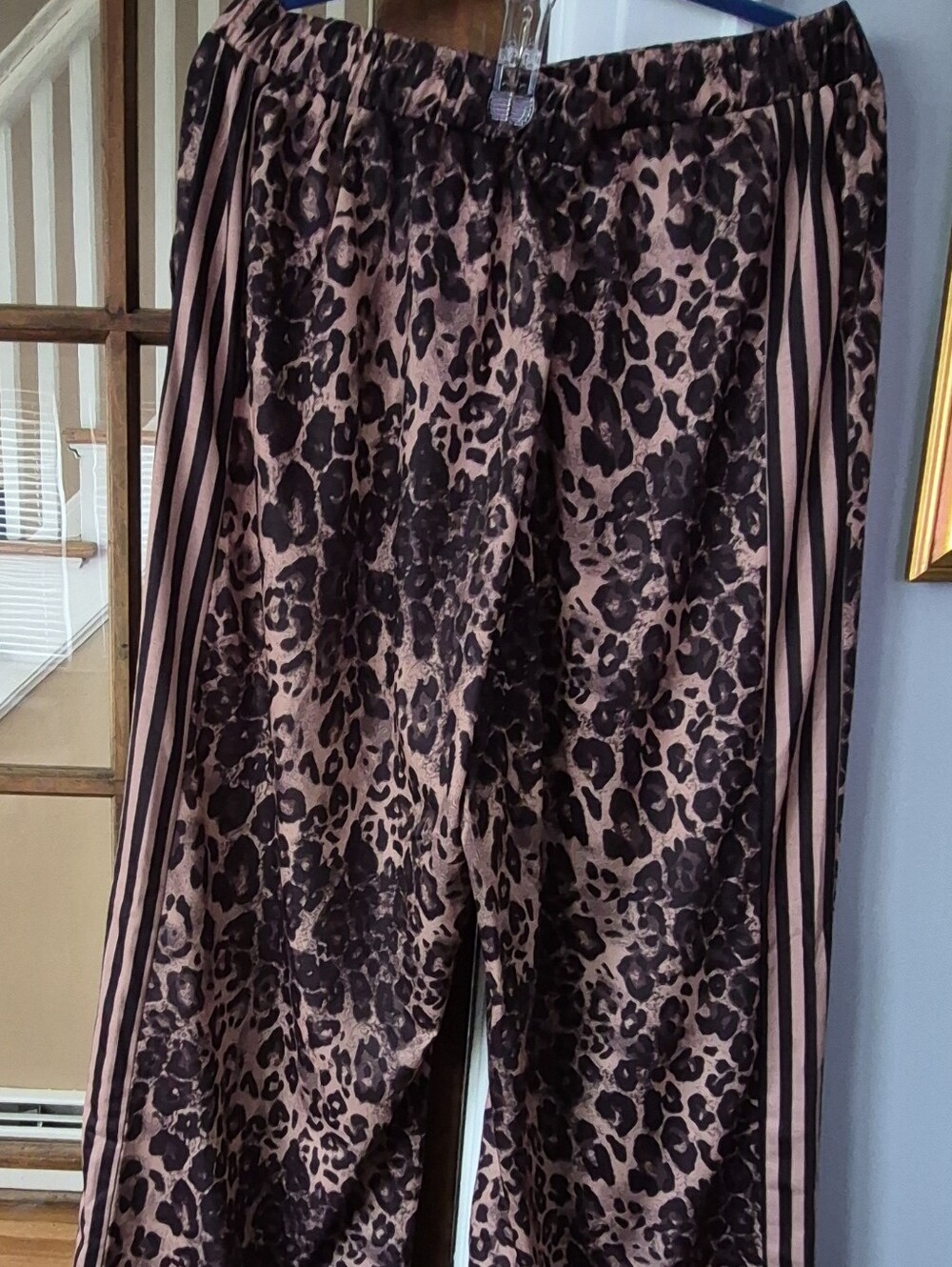 Leopard-Print Wide Leg Track Pants with Side Stripes - Black & Tan